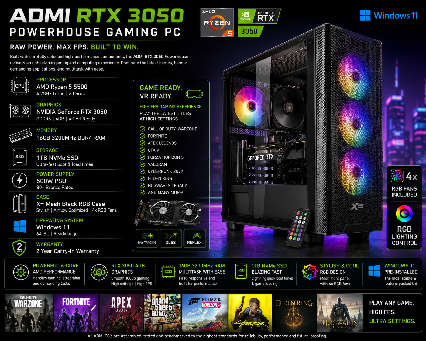 admi | gaming pc, ryzen 5500 • rtx 3050 graphics card • 16gb 3200mhz ddr4 • 1tb nvme ssd • 500w psu bronze rated • black mesh rgb gaming case • wifi • windows 11 admi | gaming pc, ryzen 5500 • rtx 3050 graphics card • 16gb 3200mhz ddr4 • 1tb nvme ssd • 500w psu bronze rated • black mesh rgb gaming case • wifi • windows 11