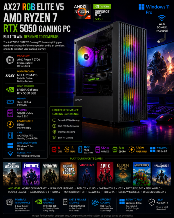 AX27 RGB ELITE V5 AMD Ryzen 7 RTX 5050 Gaming PC - Rosa Tech
