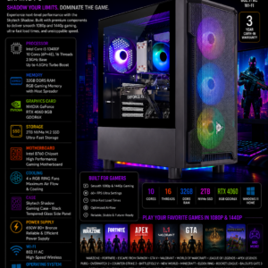 rosa tech shadow gaming pc, intel i5 13400f 2.5 ghz (4.6ghz turbo boost), nvidia rtx 4060 8gb gddr6x, 2tb nvme gen3, 32gb ddr5 ram 5600 rgb, 650w gold psu