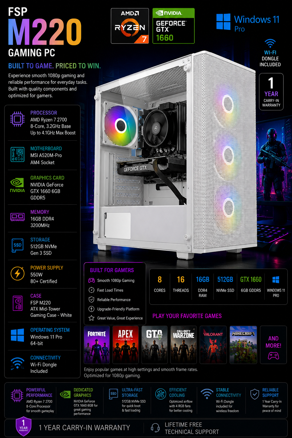 white m220 amd ryzen 7 1660 gaming pc white m220 amd ryzen 7 1660 gaming pc