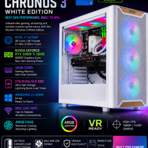 skytech gaming chronos 3 desktop pc, intel i7 14700f 2.1 ghz (5.3ghz turbo), nvidia rtx 5060 ti 16gb, 1tb nvme ssd, 16gb ddr5 ram 5200, 850w gold atx 3 psu, 360mm argb aio, wi fi, win 11