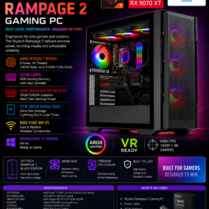 skytech rampage gaming pc desktop, ryzen 7 9700x 3.8 ghz (5.5ghz turbo boost), amd rx 9070 xt 16gb gddr6, 2tb gen4 nvme ssd, 32gb ddr5 ram 6000 rgb, 850w gold atx 3.0 psu, wi fi, win 11