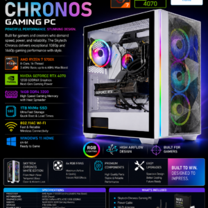 skytech chronos gaming pc desktop – amd ryzen 7 5700x 3.4 ghz, nvidia rtx 4070, 1tb nvme ssd, 16gb ddr4 ram 3200, 750w gold psu, 240mm aio, 11ac wi fi, windows 11 home 64 bit