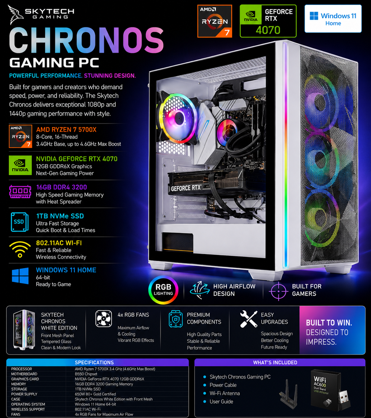 skytech chronos gaming pc desktop – amd ryzen 7 5700x 3.4 ghz, nvidia rtx 4070, 1tb nvme ssd, 16gb ddr4 ram 3200, 750w gold psu, 240mm aio, 11ac wi fi, windows 11 home 64 bit skytech chronos gaming pc desktop – amd ryzen 7 5700x 3.4 ghz, nvidia rtx 4070, 1tb nvme ssd, 16gb ddr4 ram 3200, 750w gold psu, 240mm aio, 11ac wi fi, windows 11 home 64 bit