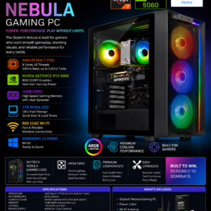 skytech nebula gaming pc desktop, ryzen 7 7700 3.8 ghz (5.3ghz turbo), nvidia rtx 5060 8gb, 1tb nvme ssd, 16gb ddr5 ram 6000, 650w gold psu, wi fi, win 11