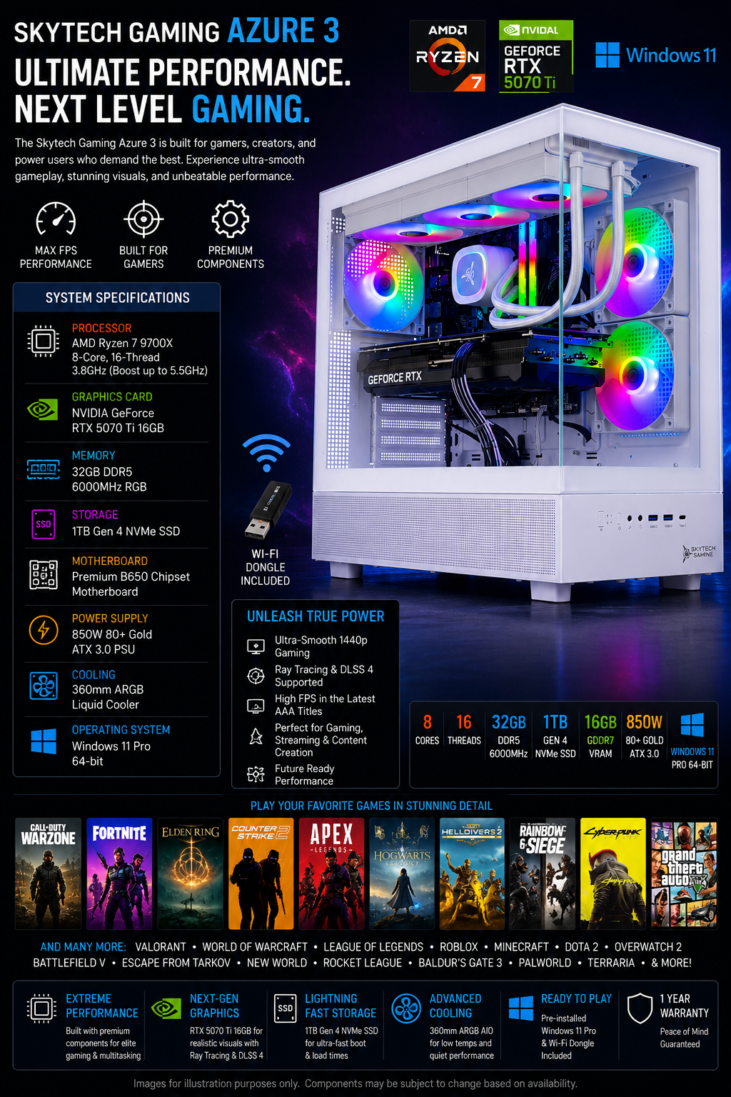 skytech gaming azure 3 desktop pc, ryzen 7 9700x 3.8 ghz (5.5ghz), nvidia rtx 5070 ti 16gb, 1tb gen4 nvme ssd, 32gb ddr5 ram 6000 rgb, 850w gold atx 3 psu, 360mm argb aio, wi fi, win 11 skytech gaming azure 3 desktop pc, ryzen 7 9700x 3.8 ghz (5.5ghz), nvidia rtx 5070 ti 16gb, 1tb gen4 nvme ssd, 32gb ddr5 ram 6000 rgb, 850w gold atx 3 psu, 360mm argb aio, wi fi, win 11