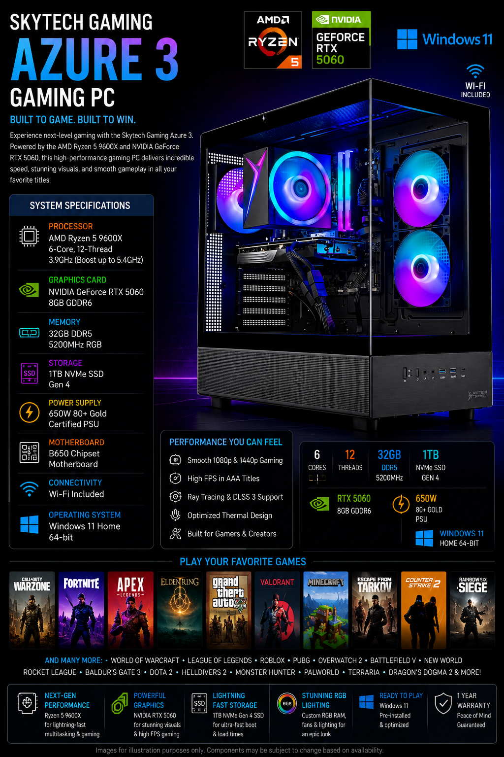skytech gaming azure 3 desktop pc, ryzen 5 9600x 3.9 ghz (5.4ghz), nvidia rtx 5060, 1tb nvme ssd, 32gb ddr5 ram 5200 rgb, 650w gold psu, wi fi, win 11 skytech gaming azure 3 desktop pc, ryzen 5 9600x 3.9 ghz (5.4ghz), nvidia rtx 5060, 1tb nvme ssd, 32gb ddr5 ram 5200 rgb, 650w gold psu, wi fi, win 11