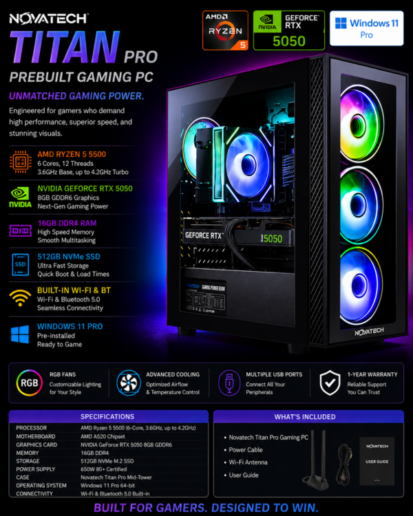 NOVATECH Titan – Prebuilt Gaming PC Desktop Computer – RTX 5050 – Ryzen ...