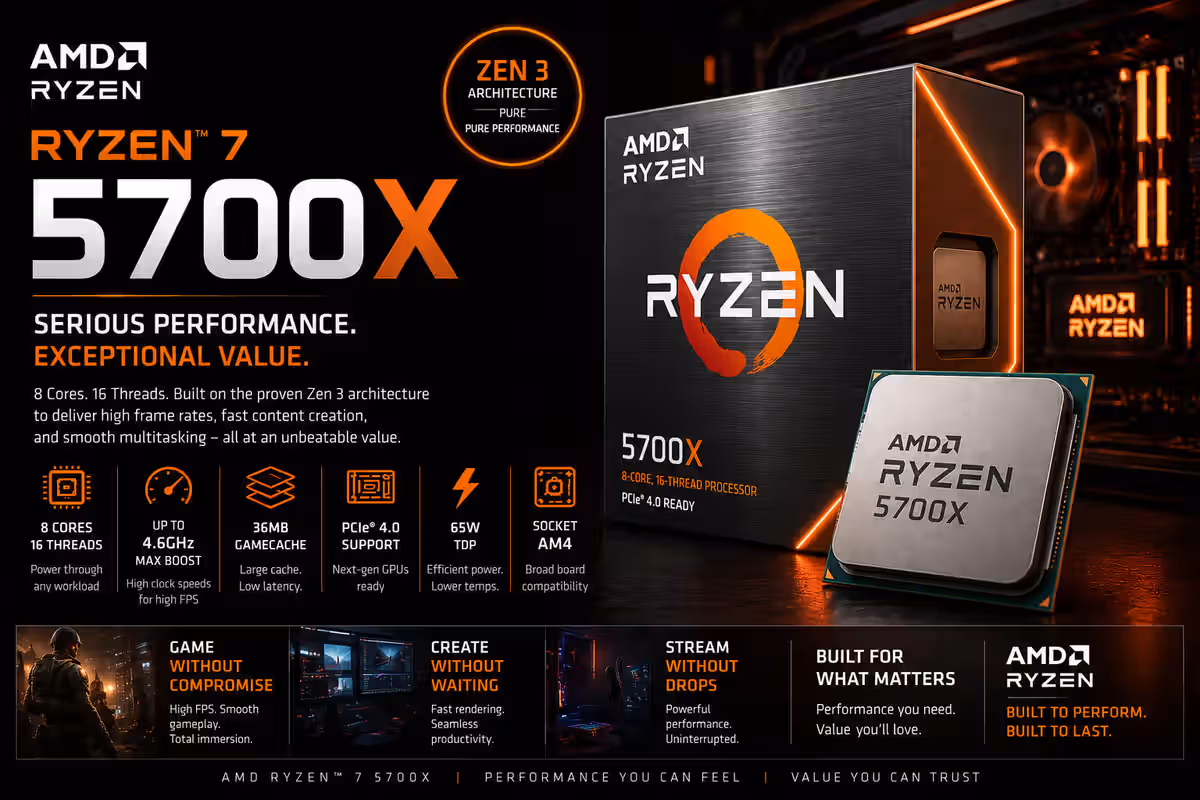 amd ryzen 7 5700x processor 8 core / 16 thread (am4) amd ryzen 7 5700x processor 8 core / 16 thread (am4)